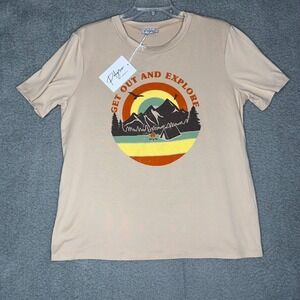 Polagram Graphic T-Shirt Get Out and Explore Beige Adventure Nature Tee Size L
